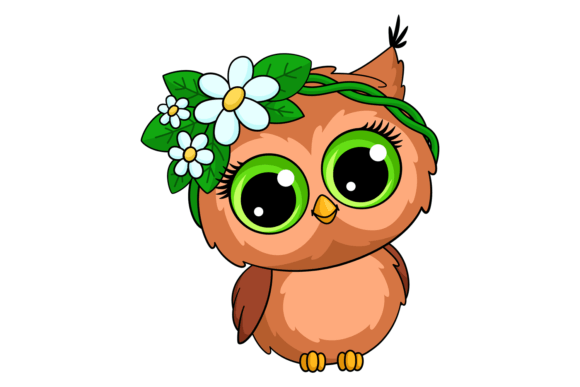Cute Owl in Floral Wreath. Cartoon Summe Graphics and Illustrations Review
