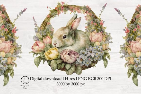 Easter Bunny in a Floral Basket, PNG