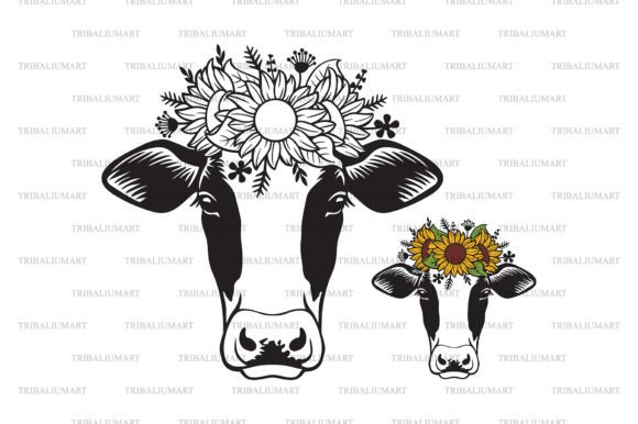 Floral Cow Head with Sunflowers Graphics for Illustrations