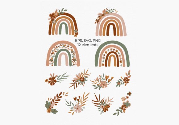 Green Brown Rainbow Floral Clipart Set for Graphics and Illustrations