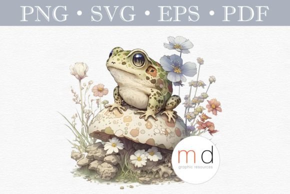 Vintage Cute Floral Frog on a Mushroom Graphics and Illustrations