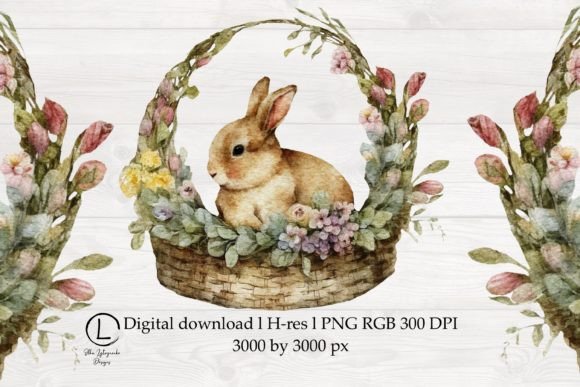 Watercolor Easter Bunny in Floral Basket Graphics Freebies