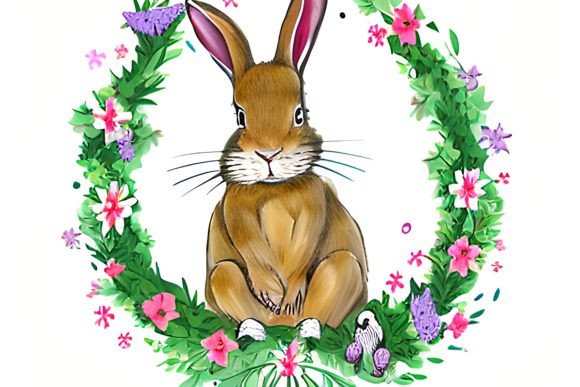 Watercolor Floral Bunny Wreath 6 Graphics and Illustrations
