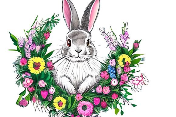 Watercolor Floral Bunny Wreath 9 Graphics for Editorial Illustrations