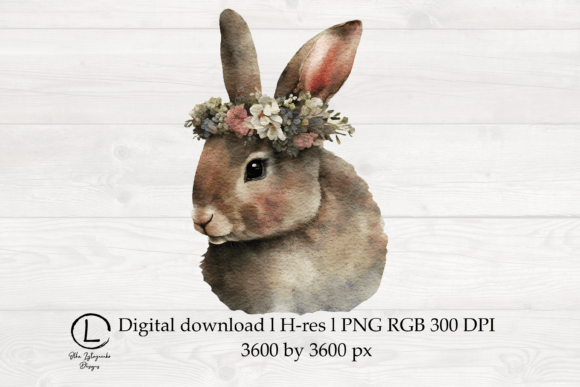 Watercolor Rabbit with Floral Crown PNG Graphics & Illustrations